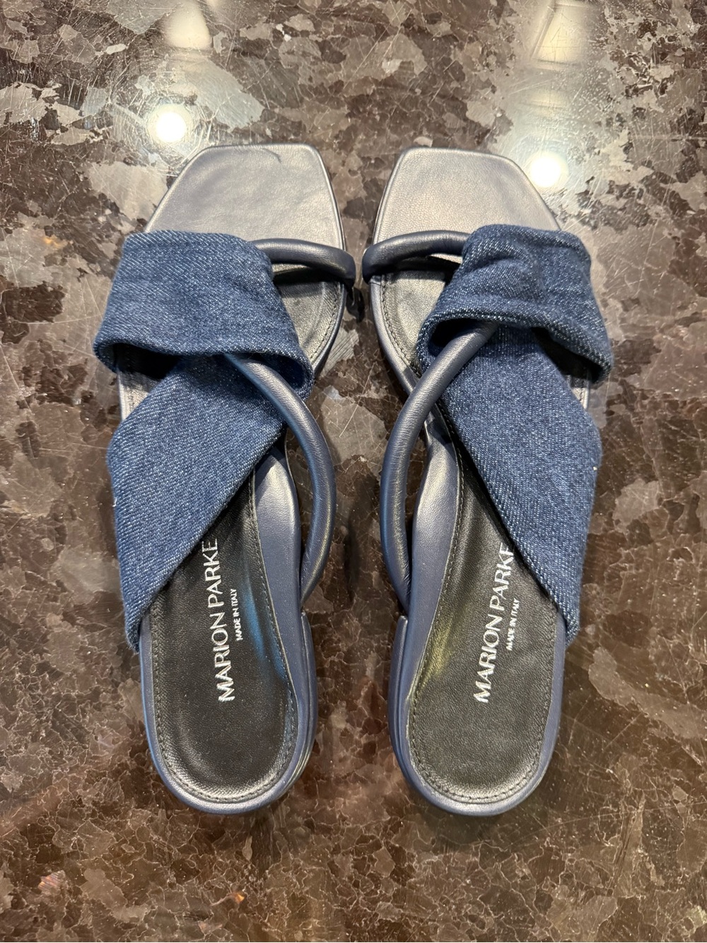 Marion Parke Navy Denim Crisscross Slide Mules